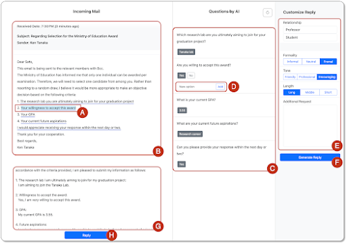 Understanding and Supporting Formal Email Exchange by Answering AI-Generated Questions